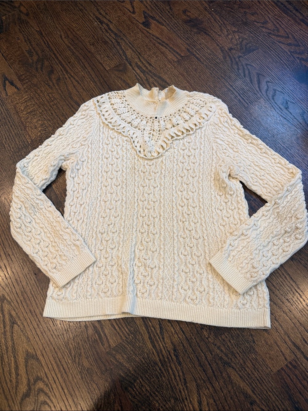 Sezane small Cream Cable Knit Women’s Sweater with Lace Yoke